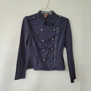Military Style Jacket Womens Navy Blue Long Sleeve Button Up Moto Junior M Flaw